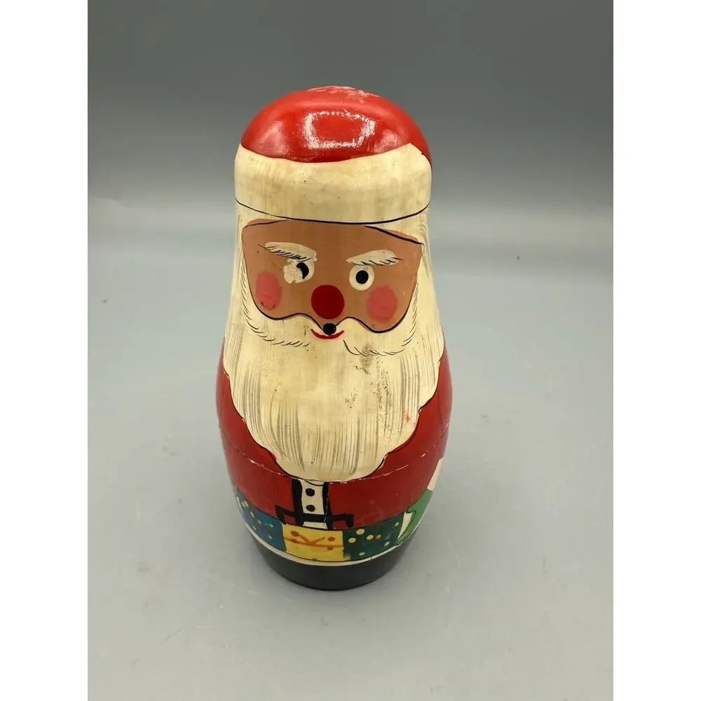 Vintage Wooden Santa Stacking Doll Set Folk Art Nesting Christmas As Is